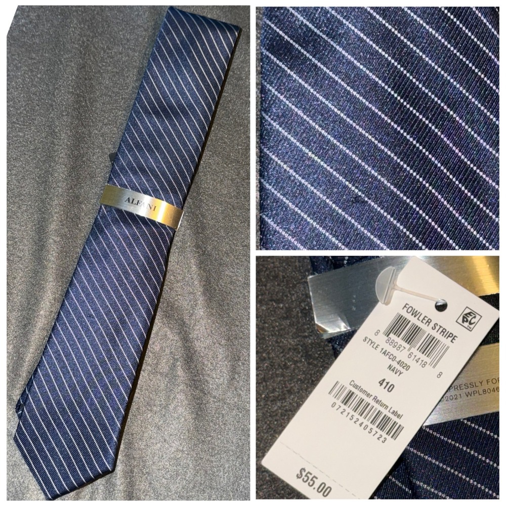 Alfani Mens Fowler Stripe Navy Blue Diagonal Pinstripe Necktie 1AFC0-4020 NWT